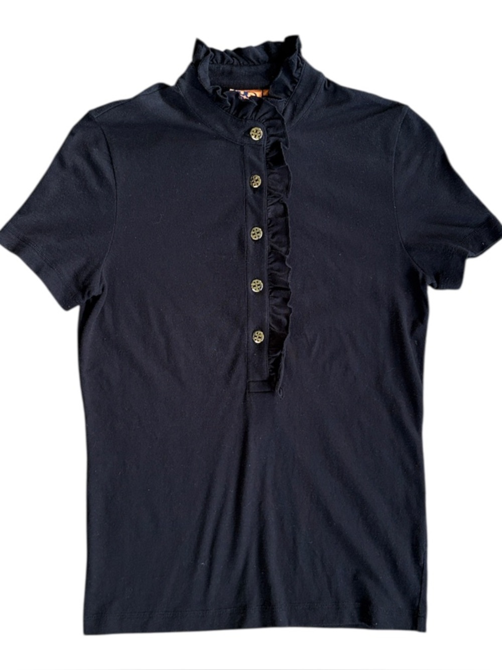 Tory Burch Pima Cotton Ruffle Logo Button Top Black Size Small